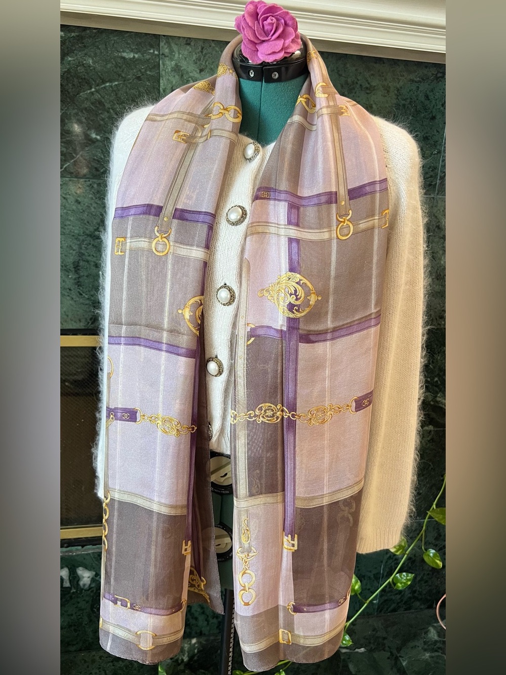 Vintage Arnold Palmer Sheer Silk Oblong Scarf Equestrian Belt Chain Purple Gray
